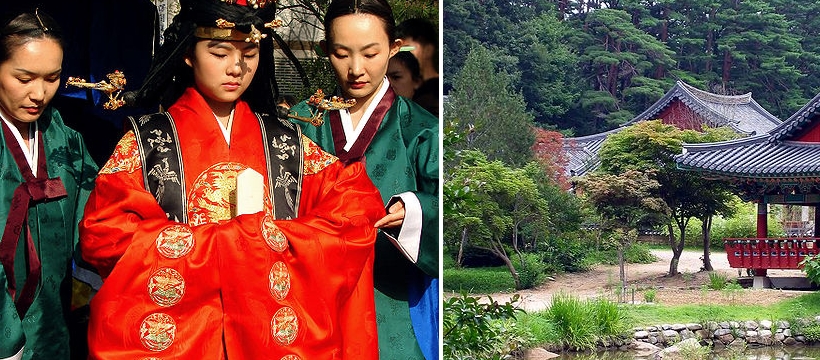 traditionelle Hochzeitskleidung, koreanischer Garten